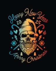 Skull with beard and mustache in Santa Claus hat. Christmas and New Year poster. Original vector illustration in vintage style. T-shirt design.