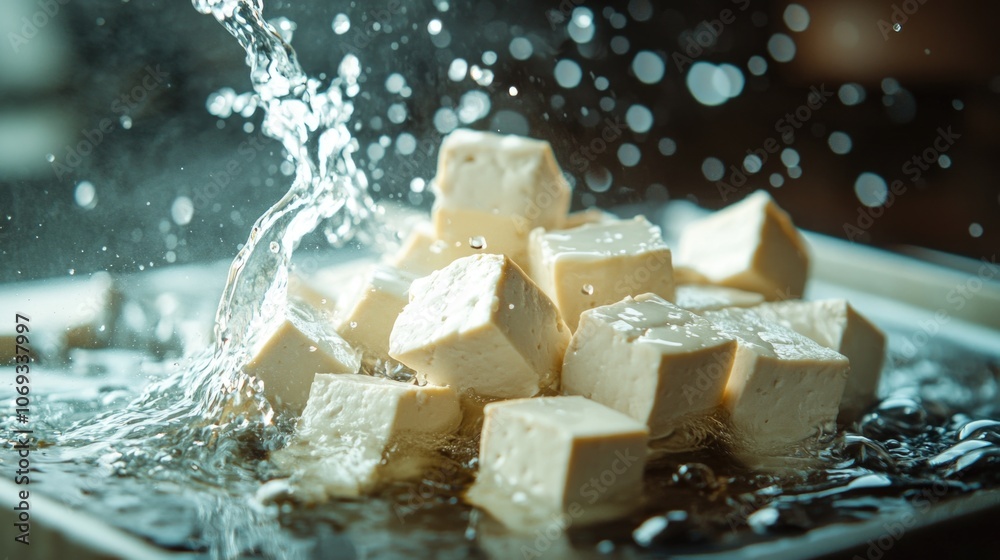 Poster fresh tofu cubes being splashed with water, perfect for cooking or recipe demonstrations