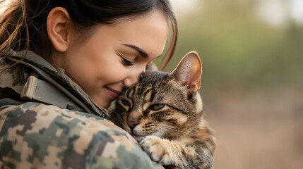 Obraz na płótnie Canvas Female veteran in camo enjoying moment with her cat outdoors. Healing bond of therapy pets and their importance in veteran care