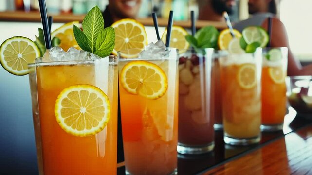 A row of tall, refreshing drinks with lemon and mint garnishes sits on a bar counter