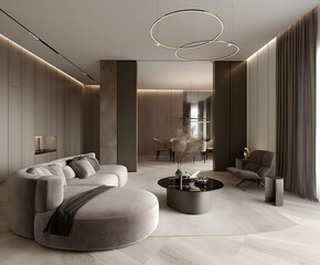 Aesthetic elegant minimalist modern interior design. Clear mock up empty wall for decoration in the apartment. Copy space in the room. Neutral palette of natural colors.