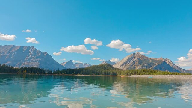 Breathtaking aerial view enormus mountains, blue sky emerald lake in the Rocky mountain in Canada.  People biking along a path on Beautiful nature between lake and mountain. High mountain in sunny day
