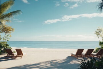 Two lounge chairs sit on a sunny beach, next to the calm ocean