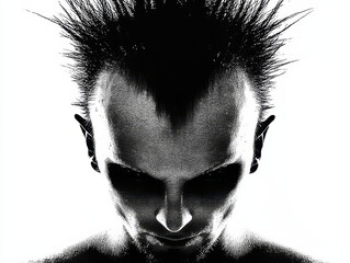 Man with spiked hair in high contrast black and white portrait.
