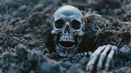 A skeleton buried in a pile of dirt, suitable for Halloween or graveyard scenes