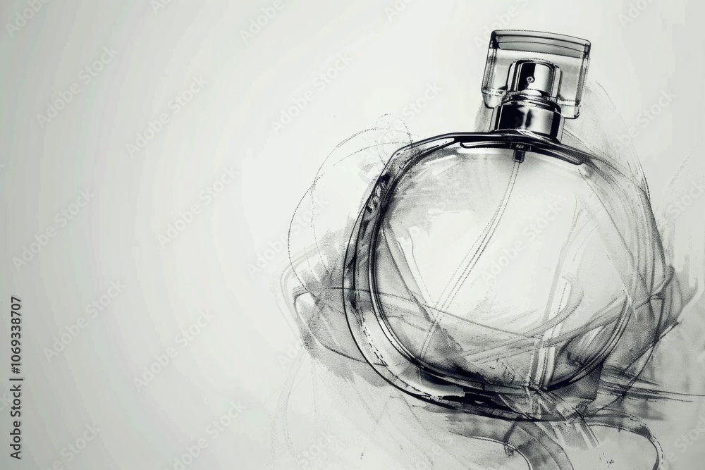 Poster A simple black and white illustration of a perfume bottle, suitable for use in editorial or commercial contexts