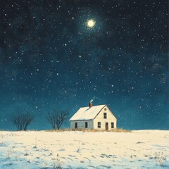 Fototapeta premium Snowy Winter Night with a Cozy Cabin and Starry Sky