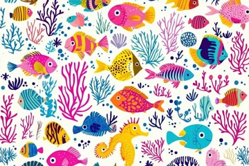 A vibrant aquatic scene featuring diverse marine life on a clean white background