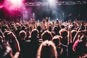 crowd at rock concert, scene with metal band lit with color, large-scale rock festival