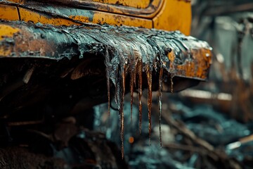 Rusty remnants of a burnt vehicle in an abandoned industrial site at dusk. Generative AI