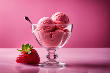 fresh strawberry style ice cream, pink background, glass cup, some raspberrys on ice cream, delicious tasty food