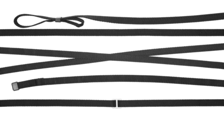 Set black synthetic nylon fastening belt, strap isolated on white, clipping
