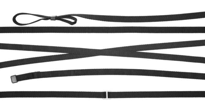 Set black synthetic nylon fastening belt, strap isolated on white, clipping
