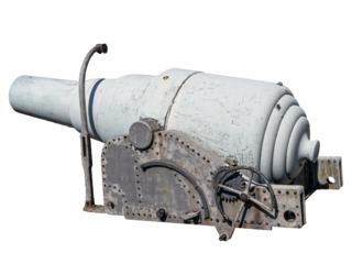 Photo of an old 550-pound or 280 mm Armstrong artillery cannon, widely used in 19th century fortifications, isolated on a transparent background.