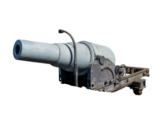 Photo of an old 550-pound or 280 mm Armstrong artillery cannon, widely used in 19th century fortifications, isolated on a transparent background.