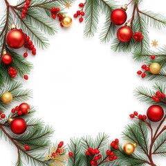 Festive Christmas frame with red and gold baubles, pine branches, and red berries on white background. Classic holiday border design with natural and decorative elements.