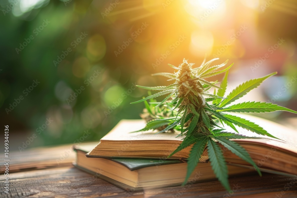 Poster a marijuana plant sits on top of an open book, symbolizing the intersection of knowledge and substan