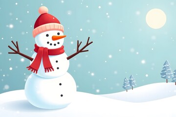 Fototapeta premium Cheerful Snowman with Red Scarf and Hat on Snowy Winter Day with Pine Trees in Background
