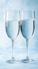 Obraz premium Two elegant glasses filled with sparkling water, set against a soft blue background, Ideal for celebratory themes, events, or product promotions, conveying refreshment and sophistication,