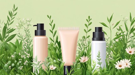 Elegant minimalist skincare bottles with floral accents and vibrant greenery highlighting eco conscious beauty products and sustainable packaging for a fresh modern skincare brand