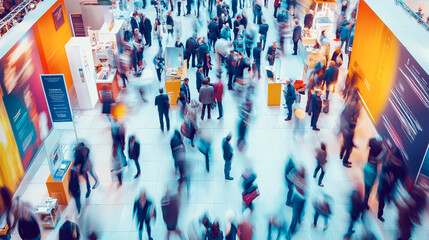 Long exposure shot of a busy trade exhibition floor with numerous booths and engaged visitors