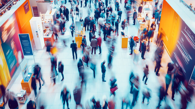 Long exposure shot of a busy trade exhibition floor with numerous booths and engaged visitors