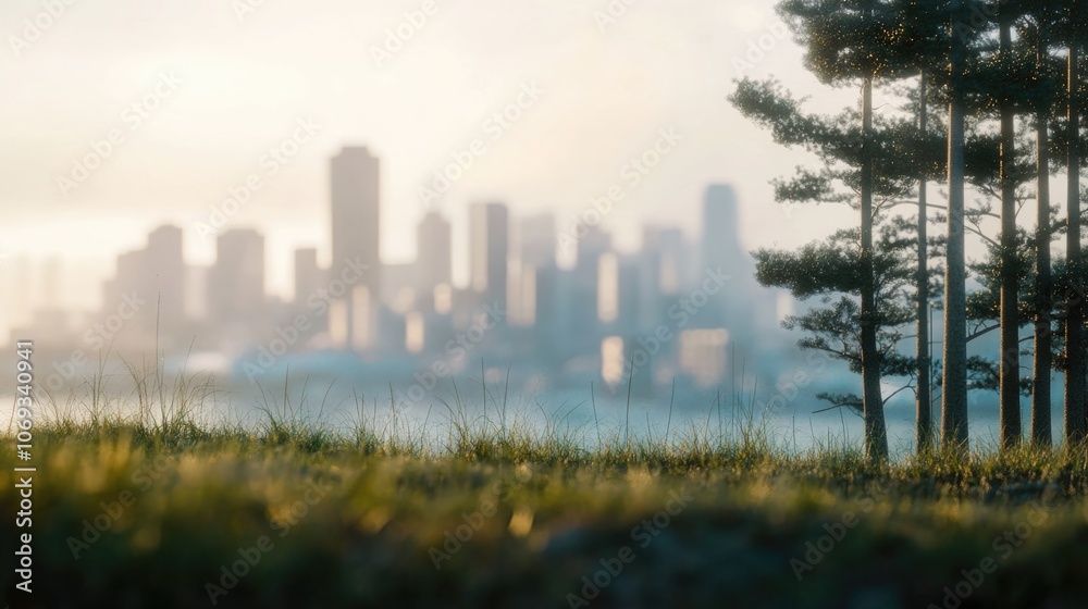 Poster a view of a city with tall buildings in the background, suitable for use in urban planning or archit