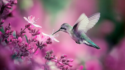 Naklejka premium Close-up of a hummingbird drinking nectar from bright pink blooms
