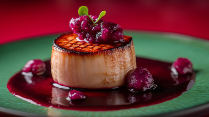 Grilled scallop with berry sauce on a green plate