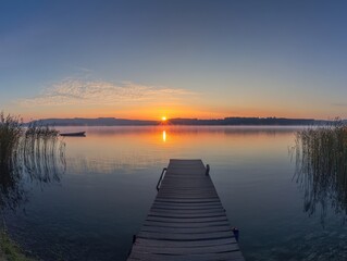 A wooden dock leads out into a calm lake at sunrise, with a small boat anchored in the distance.