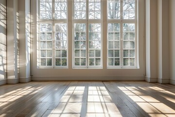 Obraz premium A cozy interior space with a large window and wooden floor, suitable for lifestyle or home decor photoshoots