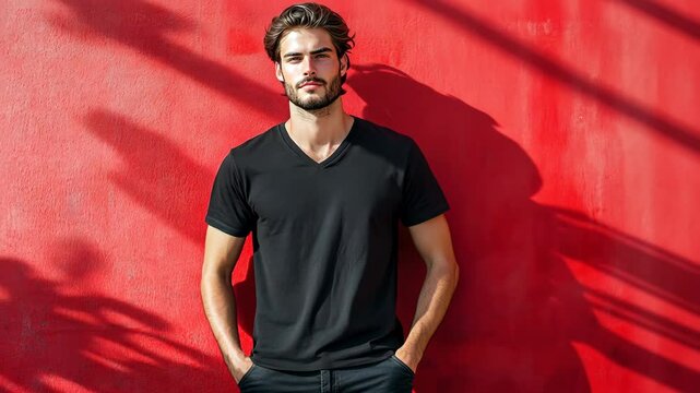 A man in a black t-shirt stands against a red wall, hands in his pockets