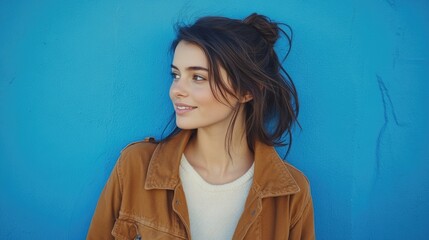 A woman stands in front of a bright blue wall, ready for something