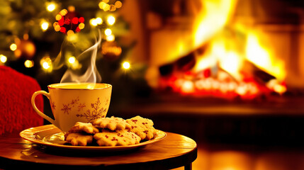 Teetasse mit Pl&auml;tzchen vor erleuchtetem Kamin im weihnachtlich geschm&uuml;ckten Wohnzimmer, Querformat