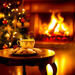 In einem weihnachtlich geschm&uuml;ckten Wohnzimmer steht eine dampfende Tasse Tee zusammen mit Pl&auml;tzchen auf einem Beistelltisch