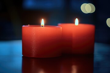 Two red candles sitting on a table