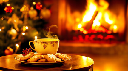 Eine Tasse Tee steht auf einem Keksteller am Kamin im weihnachtlichen geschm&uuml;ckten Wohnzimmer, gem&uuml;tliche Weihnachtsszene, Querformat