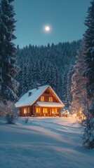Naklejka premium Cozy cabin under the starry night sky in a winter forest