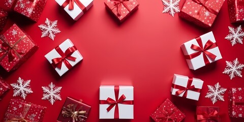 Frame Festively wrapped gifts surrounded by snowflakes on a red background during the holiday season