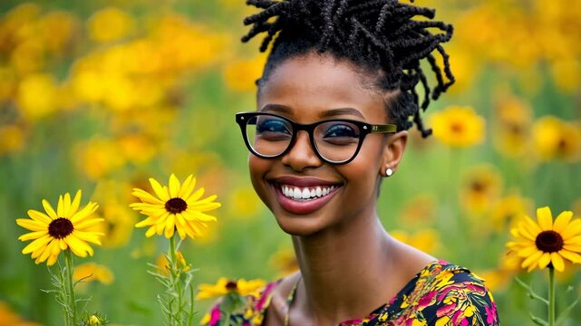 A woman with dreadlocks and glasses smiles happily in a field of yellow wildflowers