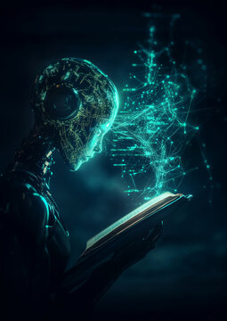 Ein Roboter liest ein Buch, Sinnbild f&uuml;r maschinelles Lernen, dunkelgr&uuml;ner Hintergrund, Hochformat