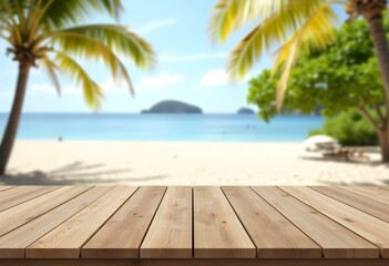 Empty wooden table with blurred beach with coconut trees in the background