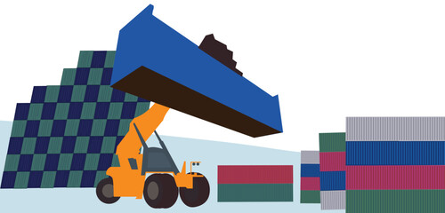 container load and unload by crane illustration theme white background, shipment by cargo illustration theme with using forklift on port