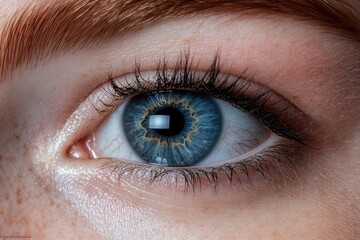 A close-up shot of a human eye with blue iris, ideal for use in beauty or medical contexts