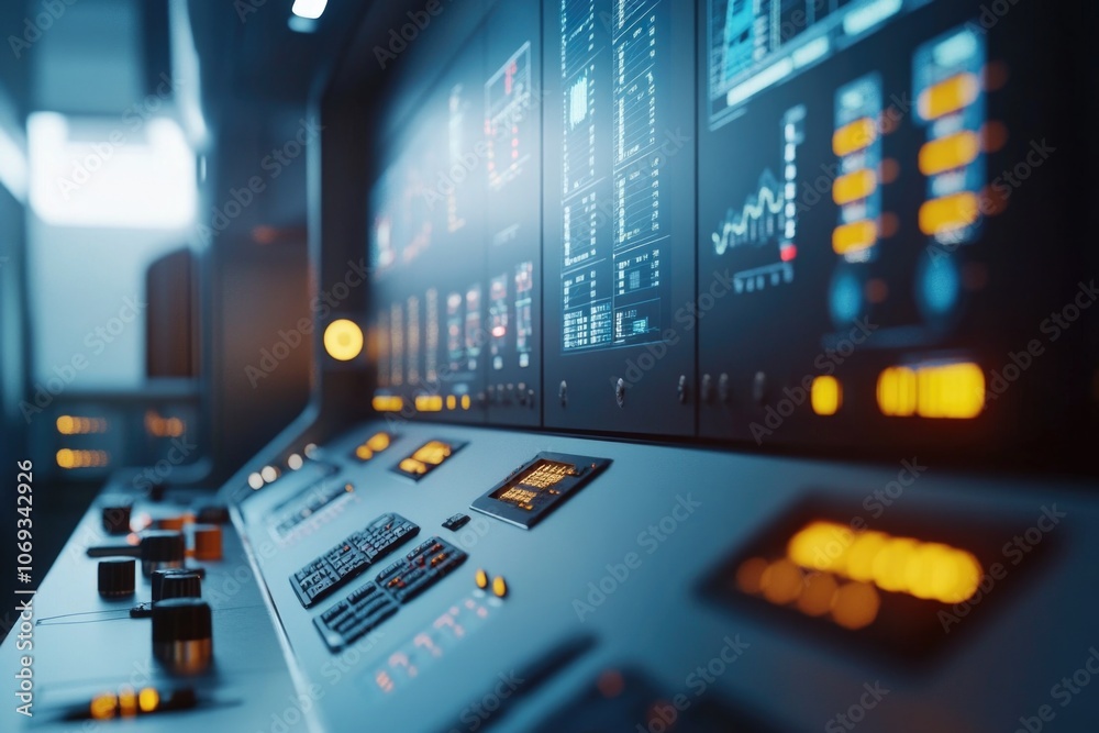 Poster a control panel in a modern room with multiple lights, great for office or home use