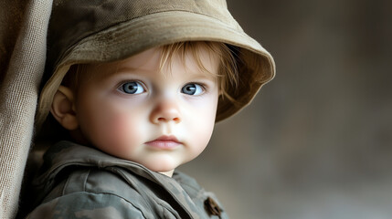 Infant in Military Uniform Portrait with Soft Pastel Background