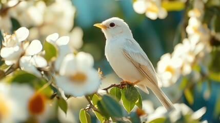 A small white bird sits atop a tree branch, surrounded by leaves and branches