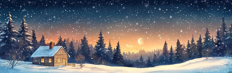 Fototapeta premium Cozy cabin under the starry night sky in a winter forest