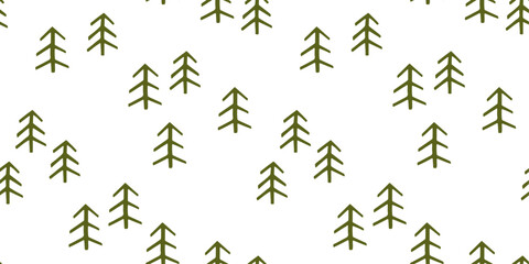 Pattern with green geometric pine trees on white background.