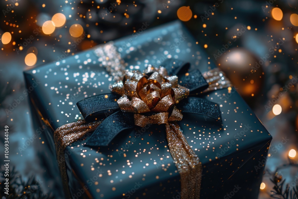 Poster a small blue gift box tied with a golden ribbon, perfect for wrapping presents or using as a decorat
